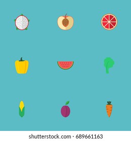 Flat Icons Lettuce, Root, Apricot And Other Vector Elements. Set Of Fruit Flat Icons Symbols Also Includes Apricot, Salad, Dragon Objects.