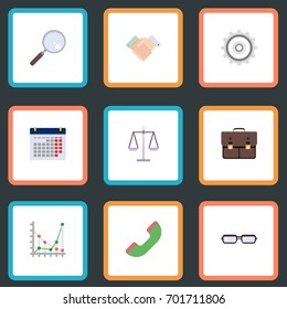 Flat Icons Libra, Portfolio, Magnifier And Other Vector Elements. Set Of Job Flat Icons Symbols Also Includes Cogwheel, Scales, Glasses Objects.