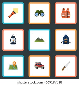 Flat Icons Lighter, Hill, Ship And Other Vector Elements. Set Of Encampment Flat Icons Symbols Also Includes Knife, Hunting, Pin Objects.