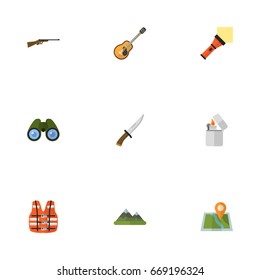 Flat Icons Lighter, Hill, Zoom And Other Vector Elements. Set Of Camping Flat Icons Symbols Also Includes Guitar, Life, Flammable Objects.