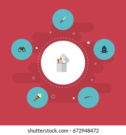 Flat Icons Lighter, Zoom, Cigarette And Other Vector Elements. Set Of Encampment Flat Icons Symbols Also Includes Ship, Lighter, Hunting Objects.