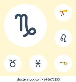 Flat Icons Lion, Bull, Optics And Other Vector Elements. Set Of Astronomy Flat Icons Symbols Also Includes Taurus, Pisces, Optics Objects.