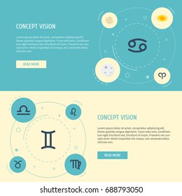 Flat Icons Lion, Bull, Ram And Other Vector Elements. Set Of Galaxy Flat Icons Symbols Also Includes Crab, Virgo, Zodiac Objects.