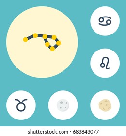 Flat Icons Lion, Comet, Horoscope And Other Vector Elements. Set Of Astrology Symbols Also Includes Meteor, Asteroid, Cancer Objects.