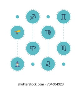 Flat Icons Lion, Virgin, Ram And Other Vector Elements. Set Of Astrology Flat Icons Symbols Also Includes Telescope, Deva, Aries Objects.