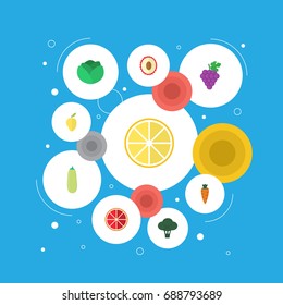 Flat Icons Litchi, Lime, Cabbage And Other Vector Elements. Set Of Dessert Flat Icons Symbols Also Includes Cauliflower, Orange, Broccoli Objects.
