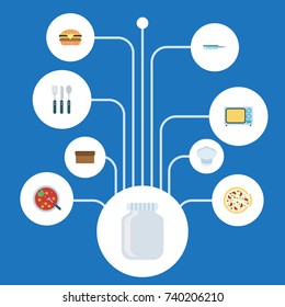 Flat Icons Loaf, Broth, Chef Hat And Other Vector Elements. Set Of Gastronomy Symbols Also Includes Skillet, Food, Microwave Objects.