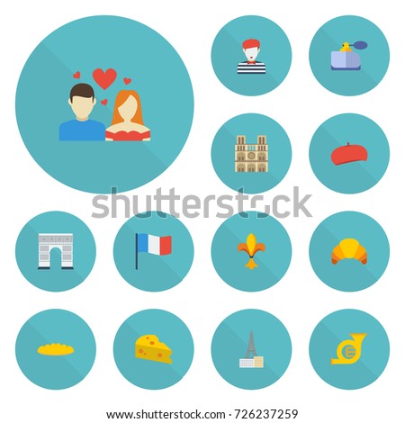 Flat Icons Loaf, Cathedral, Archway And Other Vector Elements. Set Of Europe Flat Icons Symbols Also Includes Couple, Dessert, France Objects.