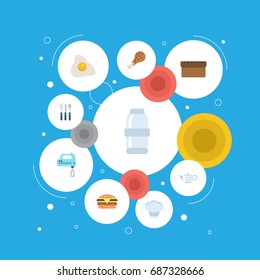 Flat Icons Loaf, Chef Hat, Fried Poultry And Other Vector Elements. Set Of Food Flat Icons Symbols Also Includes Leg, Hat, Spoon Objects.