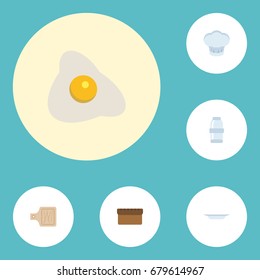 Flat Icons Loaf, Dish, Chef Hat And Other Vector Elements. Set Of Food Flat Icons Symbols Also Includes Uniform, Loaf, Fried Objects.