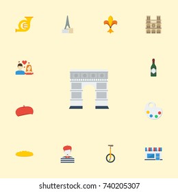 Flat Icons Loaf, Love, Archway And Other Vector Elements. Set Of France Flat Icons Symbols Also Includes Boy, Monocycle, Building Objects.