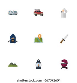 Flat Icons Location, Hill, Caravan And Other Vector Elements. Set Of Camp Flat Icons Symbols Also Includes Cutter, Lighter, Mount Objects.