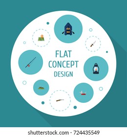 Flat Icons Location, Hill, Weapon And Other Vector Elements. Set Of Camp Flat Icons Symbols Also Includes Hunting, Rubber, Clash Objects.
