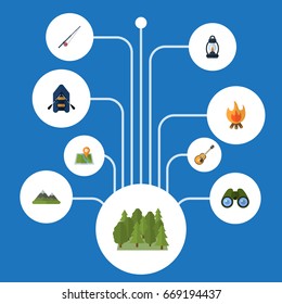 Flat Icons Location, Music, Fire And Other Vector Elements. Set Of Camping Flat Icons Symbols Also Includes Rod, Boat, Guitar Objects.