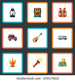 Flat Icons Location, Music, Fire And Other Vector Elements. Set Of Camp Flat Icons Symbols Also Includes Map, Camper, Bag Objects.