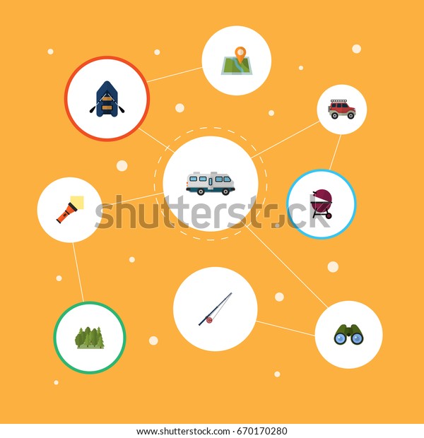 Flat Icons Location, Suv, Barbecue And Other\
Vector Elements. Set Of Camping Flat Icons Symbols Also Includes\
Van, Lighter, Tree\
Objects.
