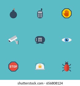Flat Icons Lock, Forbidden, Road Sign And Other Vector Elements. Set Of Security Flat Icons Symbols Also Includes Vault, Forbidden, Bomb Objects.