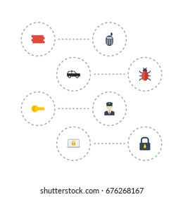 Flat Icons Lock, Policeman, Padlock And Other Vector Elements. Set Of Security Flat Icons Symbols Also Includes Wall, Suv, Armored Objects.