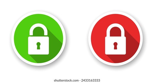 Flat icons with lock and unlock icons. Vector elements of green and red colors with long shadow on white background.