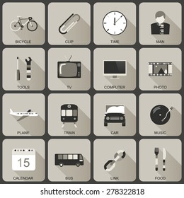 Flat icons with long shadow. Set of transport, business, marketing and communication icons. Monochrome version.