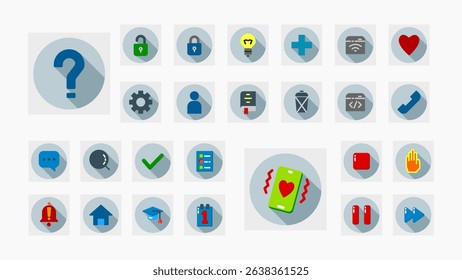 Flat icons with long shadow style. Covers UI, mobile, education, coding, health, alerts, access, and social interaction themes.