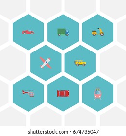 Flat Icons Lorry, Aircraft, Scooter And Other Vector Elements. Set Of Auto Flat Icons Symbols Also Includes Helicopter, Jeep, Freight Objects.