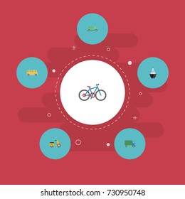 Flat Icons Lorry, Boat, Scooter And Other Vector Elements. Set Of Vehicle Flat Icons Symbols Also Includes Motorbike, Carriage, Scooter Objects.