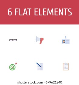 Flat Icons Loudspeaker, Spectacles, Goal And Other Vector Elements. Set Of Business Flat Icons Symbols Also Includes Aim, Schedule, Goal Objects.
