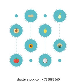 Flat Icons Love Apple, Broccoli, Nectarine And Other Vector Elements. Set Of Fruit Flat Icons Symbols Also Includes Dragon, Potatoes, Nectarine Objects.