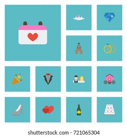 Flat Icons Love, Calendar, Couple And Other Vector Elements. Set Of Marriage Flat Icons Symbols Also Includes Day, Chariot, Catholic Objects.