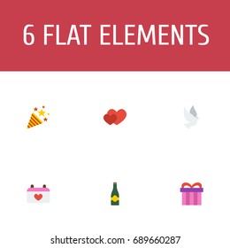 Flat Icons Love, Pigeon, Fizz And Other Vector Elements. Set Of Engagement Flat Icons Symbols Also Includes Love, Fizz, Calendar Objects.