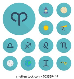 Flat Icons Lunar, Earth Planet, Scales And Other Vector Elements. Set Of  Flat Icons Symbols Also Includes Sunshine, Zodiac, Augur Objects.
