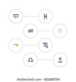 Flat Icons Lunar, Horoscope, Ram And Other Vector Elements. Set Of Astrology Flat Icons Symbols Also Includes Constellation, Libra, Zigzag Objects.