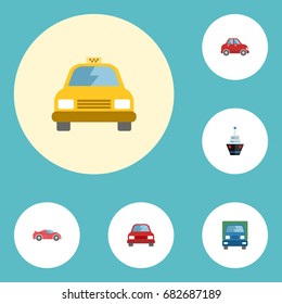 Flat Icons Luxury Auto, Automobile, Boat And Other Vector Elements. Set Of Auto Flat Icons Symbols Also Includes Auto, Taxi, Vessel Objects.