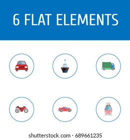 Flat Icons Luxury Auto, Boat, Streetcar And Other Vector Elements. Set Of Vehicle Flat Icons Symbols Also Includes Tramcar, Vehicle, Sport Objects.