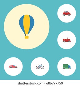 Flat Icons Luxury Auto, Lorry, Airship And Other Vector Elements. Set Of Vehicle Flat Icons Symbols Also Includes Bike, Balloon, Transport Objects.