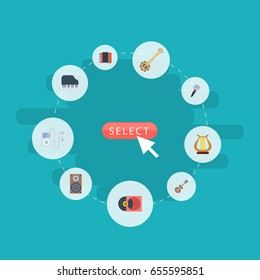 Flat Icons Lyre, Harmonica, Banjo And Other Vector Elements. Set Of Melody Flat Icons Symbols Also Includes Player, Retro, Accordion Objects.