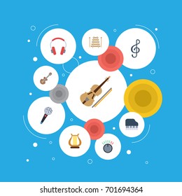 Flat Icons Lyre, Octave Keyboard, Knob And Other Vector Elements. Set Of Audio Flat Icons Symbols Also Includes Fiddle, Studio, Xylophone Objects.