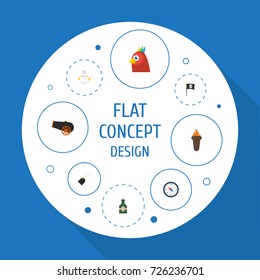 Flat Icons Macaw, Armature, Direction And Other Vector Elements. Set Of Pirate Flat Icons Symbols Also Includes Macaw, Fire, Pirate Objects.