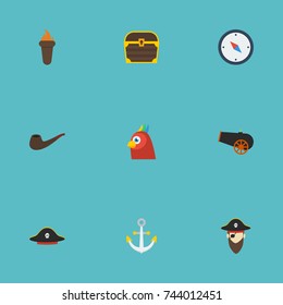 Flat Icons Macaw, Direction, Pirate Hat And Other Vector Elements. Set Of Corsair Flat Icons Symbols Also Includes Safe, Chest, Heavy Objects.