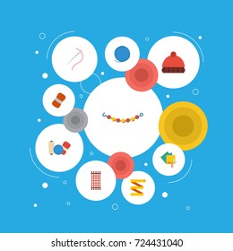 Flat Icons Macrame, Beanie, Wool And Other Vector Elements. Set Of Handcraft Flat Icons Symbols Also Includes Papers, Macrame, Hat Objects.