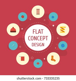 Flat Icons Macrame, Beanie, Yarn And Other Vector Elements. 