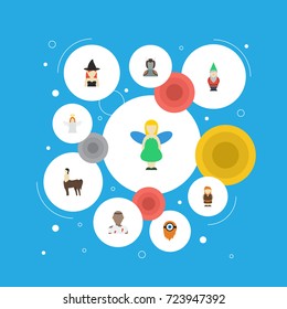 Flat Icons Magic, Gnome, Avatar And Other Vector Elements. Set Of Character Flat Icons Symbols Also Includes Man, Flying, Angel Objects.