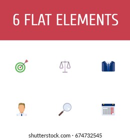 Flat Icons Magnifier, Libra, Calendar And Other Vector Elements. Set Of Business Flat Icons Symbols Also Includes Calendar, Target, Date Objects.