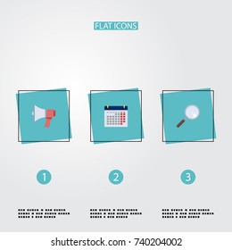 Flat Icons Magnifier, Loudspeaker, Calendar And Other Vector Elements. Set Of Trade Flat Icons Symbols Also Includes Announcement, Loupe, Loudspeaker Objects.