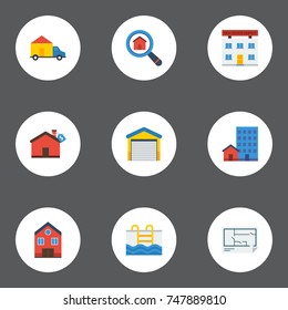 Flat Icons Magnifier, Real Estate, Hypothec And Other Vector Elements. Set Of Realestate Flat Icons Symbols Also Includes Floor, Options, Depot Objects.