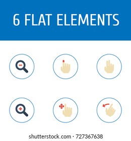 Flat Icons Magnifier, Rearward, Zoom Out And Other Vector Elements. Set Of Gesticulation Flat Icons Symbols Also Includes Widen, Touch, In Objects.