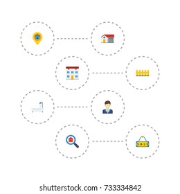 Flat Icons Magnifier, Wooden Barrier, Broker And Other Vector Elements. Set Of Immovable Flat Icons Symbols Also Includes Bathtub, Estate, Building Objects.