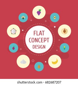 Flat Icons Maize, Apricot, Cluster And Other Vector Elements. Set Of Dessert Flat Icons Symbols Also Includes Papaya, Garlic, Pawpaw Objects.