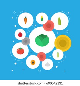 Flat Icons Maize, Nectarine, Onion And Other Vector Elements. Set Of Dessert Flat Icons Symbols Also Includes Garnet, Pomegranate, Cabbage Objects.
